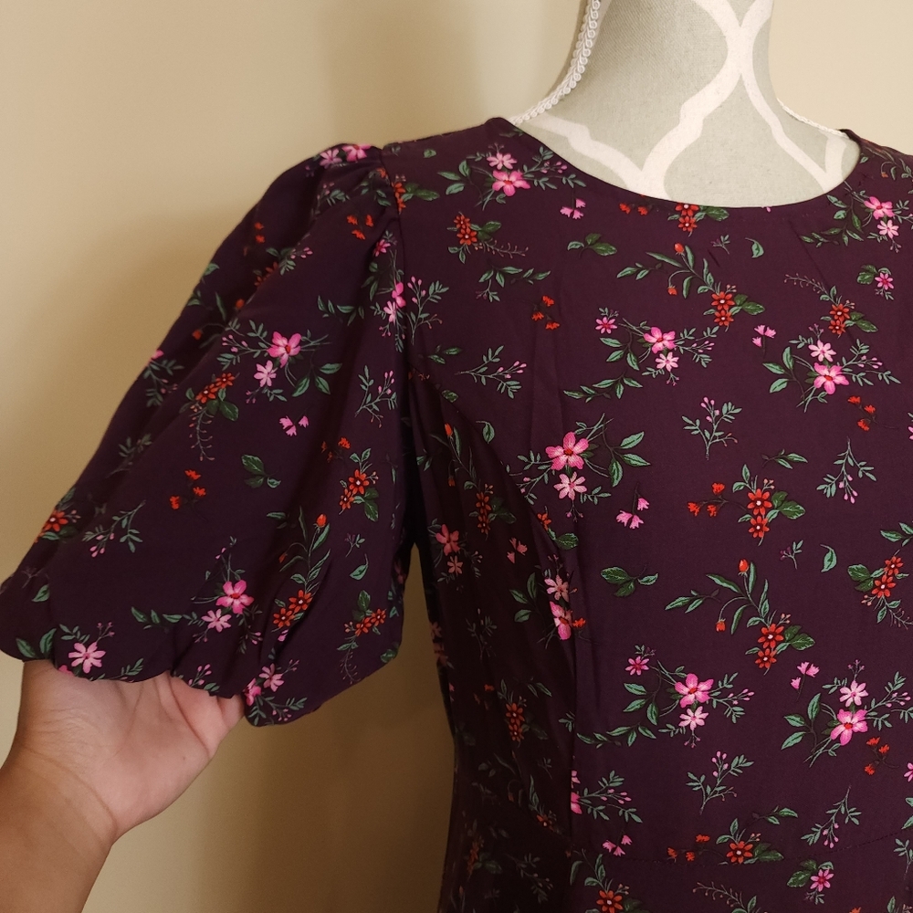 ​NWT Old Navy Floral Maxi Dress Puff Sleeve Cutout Split M Petite Burgundy - Picture 6 of 12